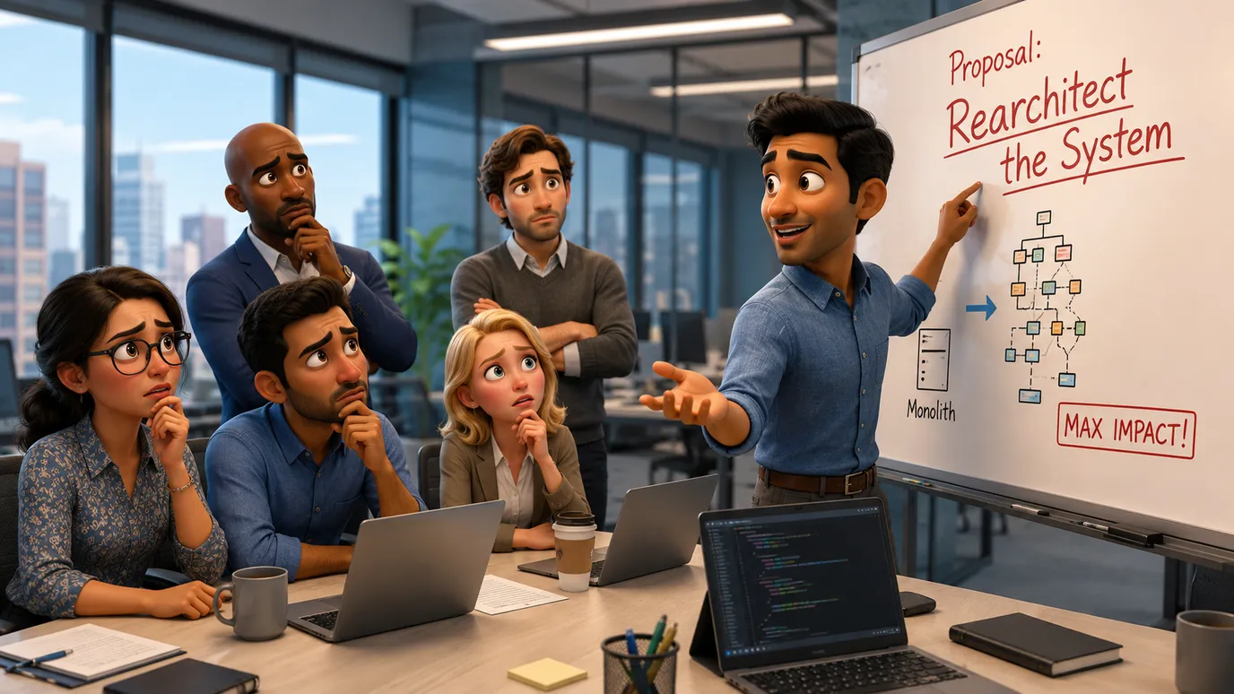 Illustration for the 'I will just rearchitect the system' incident.